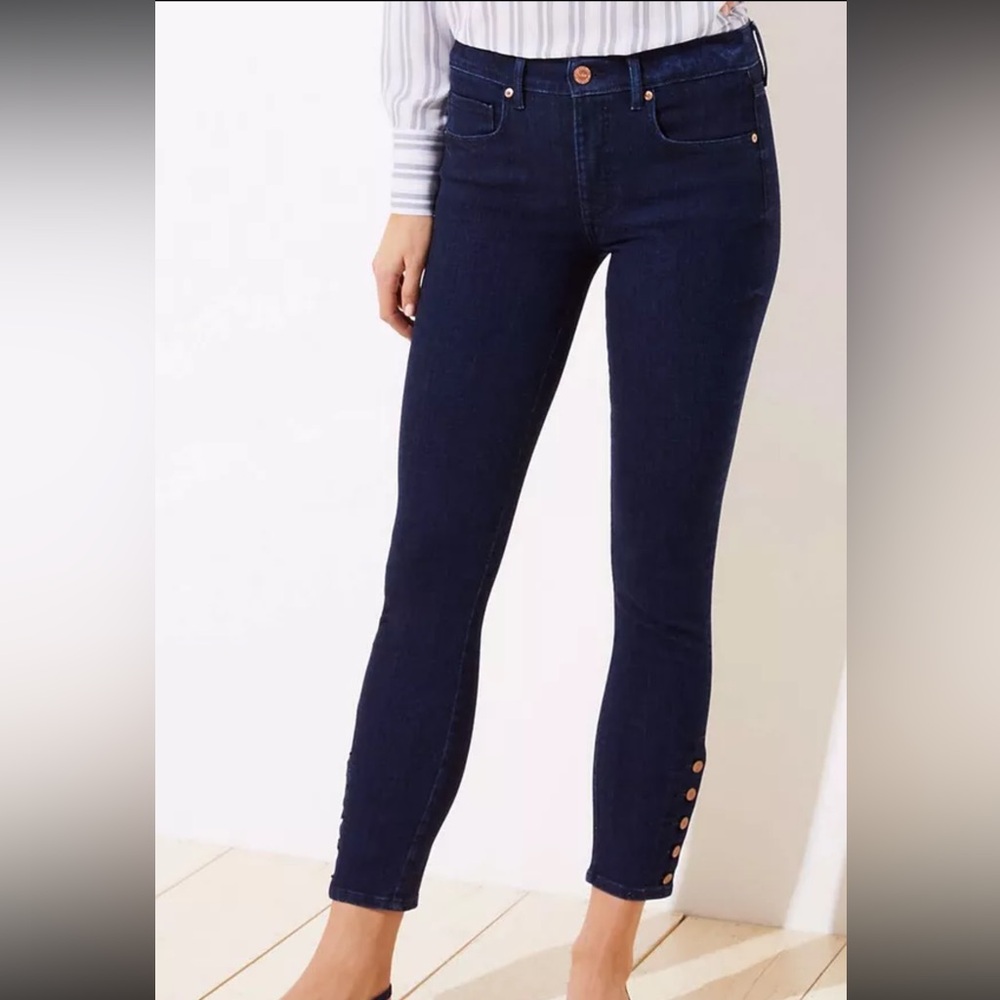 LOFT Button Cuff High Waist Slim Pocket Skinny Jeans in Refined Dark Indigo Wash